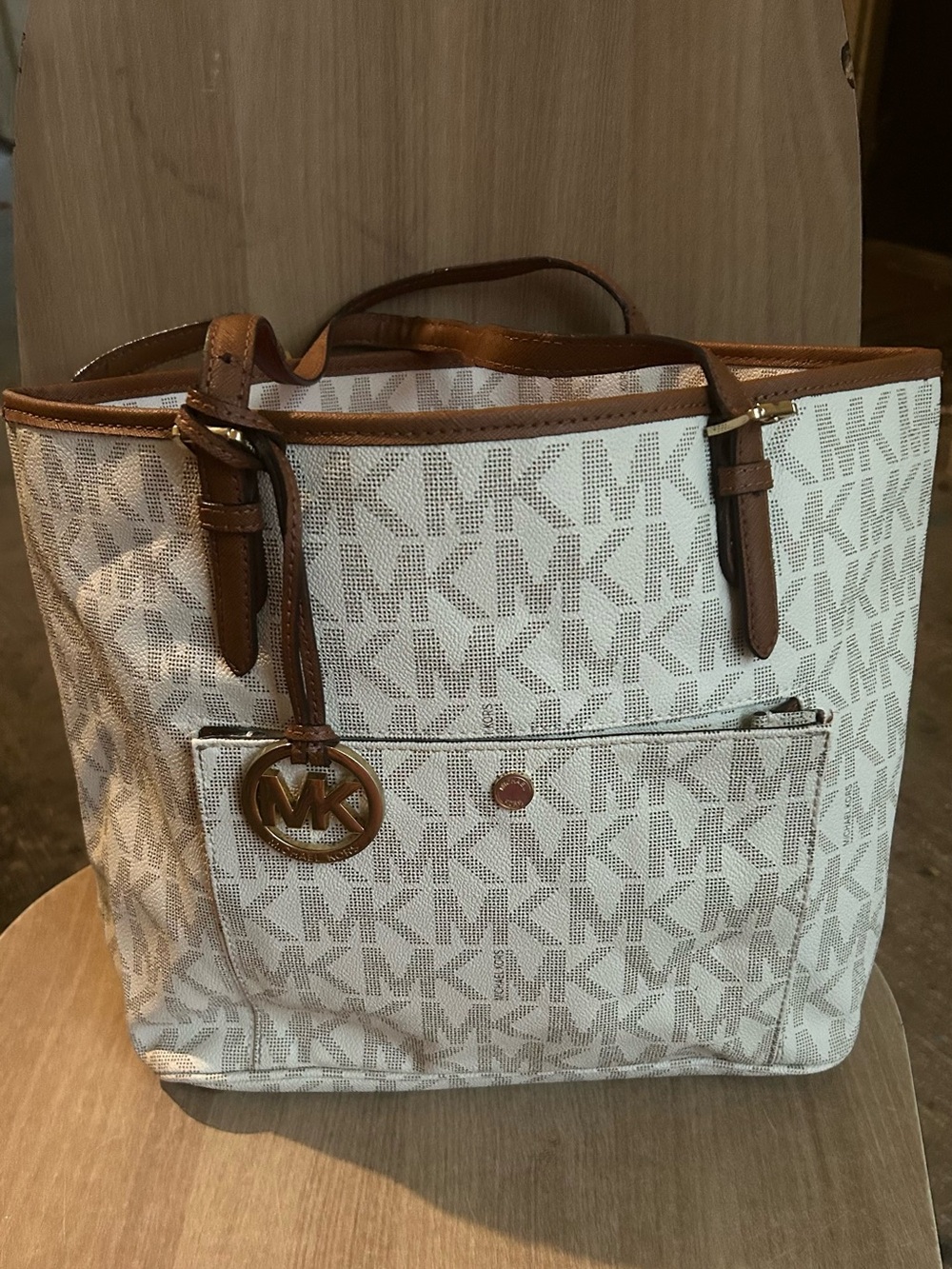 Michael Kors Cream & Brown Signature MK Tote